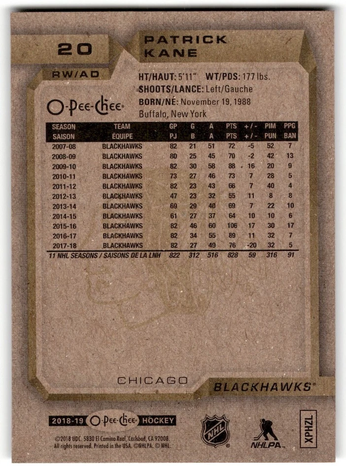 Patrick Kane 2018-19 O-Pee-Chee #20 Chicago Blackhawks - Image 2 of 2