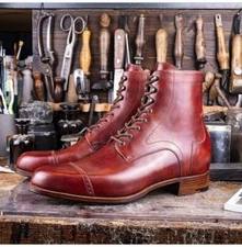 Handmade Men Red Brogue Chukka Lace up High Ankle Dress Boots, Real Leather