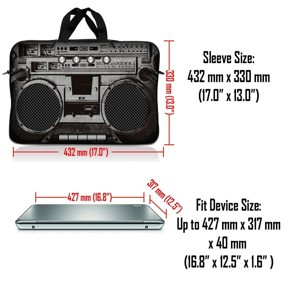 Funda de transporte para portátil de 17 pulgadas con correa para el hombro Macbook Acer años 80 Boombox Foto 2 de 3