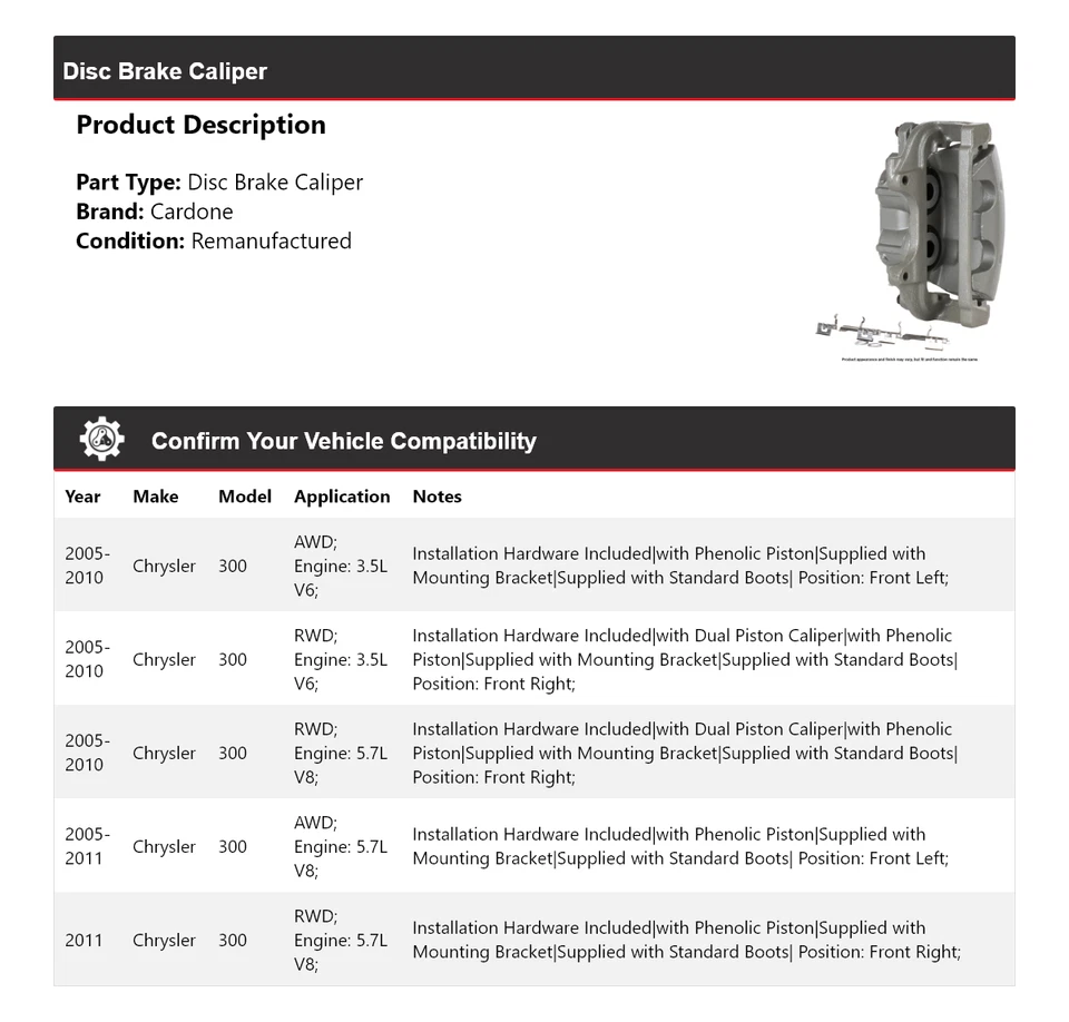 For 2005-2011 Chrysler 300 Disc Brake Caliper Cardone 2006 2007 2008 2009 2010 - Image 2 of 4