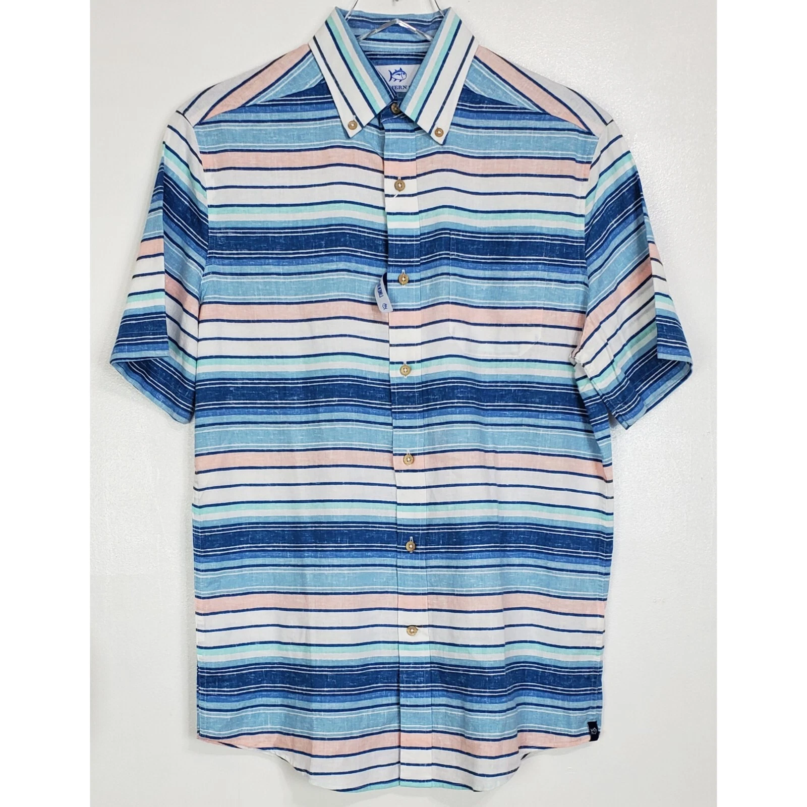 Southern Tide small linen blend Cooley stripe short sleeve button sport shirt