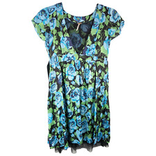 Free People Small Dress Blue Roses Black Green Silk Lined Netted Ribbon Belt 555