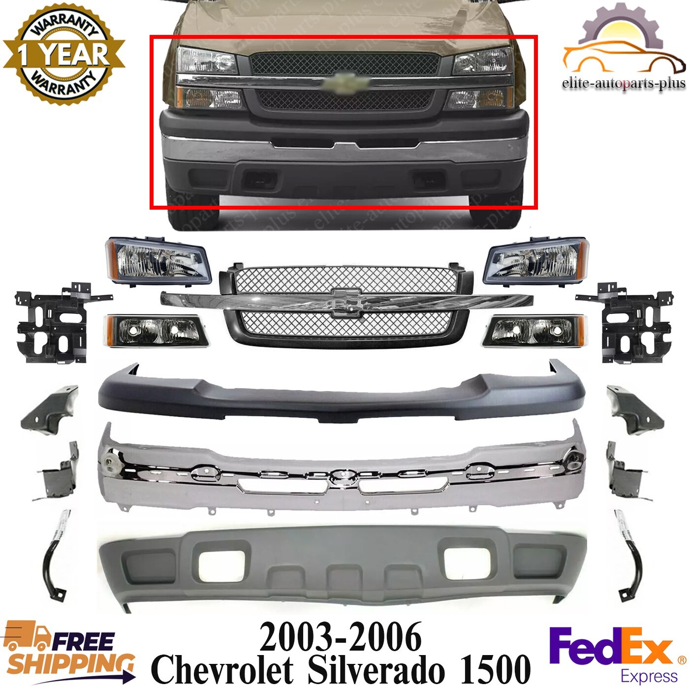 Front Bumper Chrome kit + Headlight + Brackets For 2003-06 Chevy Silverado 1500