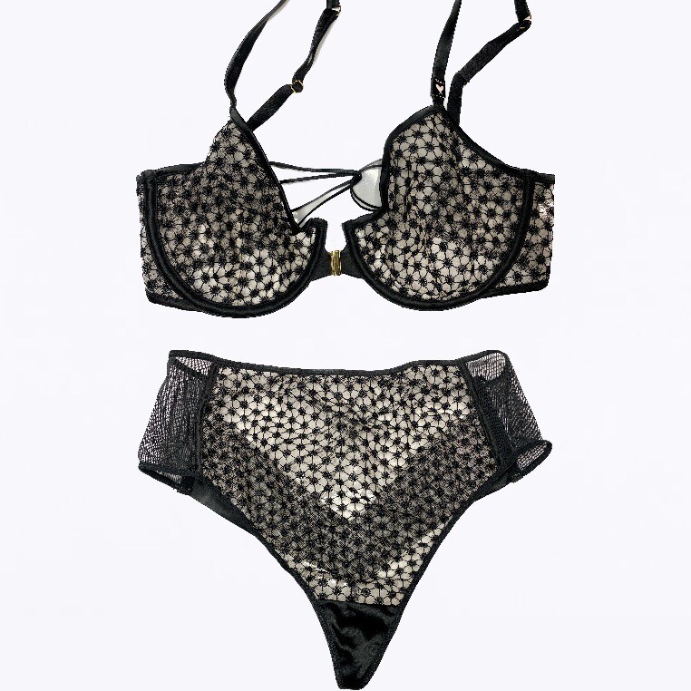 Victoria's Secret Womens 34 DD Black Lace Balconette Bra & High Waisted ThongSet