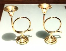 Pair Vintage Antique Brass Trumpet Figural Candlestick Candelabra Candle Holder
