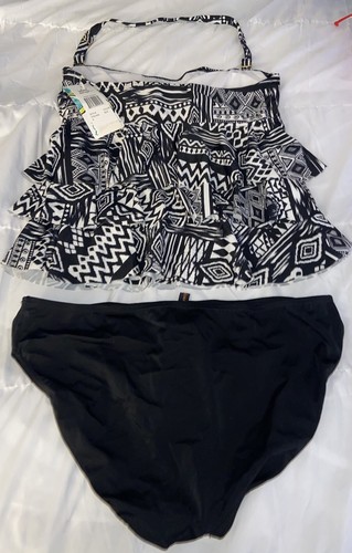 Island Escape 2 Piece Swimsuit Tankini Top & Shaper Bikini Bottom 8 10 Black (C4 - Afbeelding 4 van 6