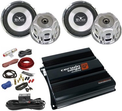 2 Absolute Axis AX1000 10'' 1000W & Cerwin Vega CVP1600.1D 1600W & 4 Gauge Amp
