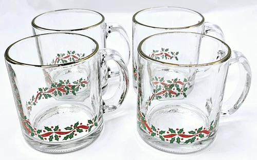 Set of 4 Vtg Libbey Christmas Holly Berry Clear Glass Mugs w/Gold Rim Made USA