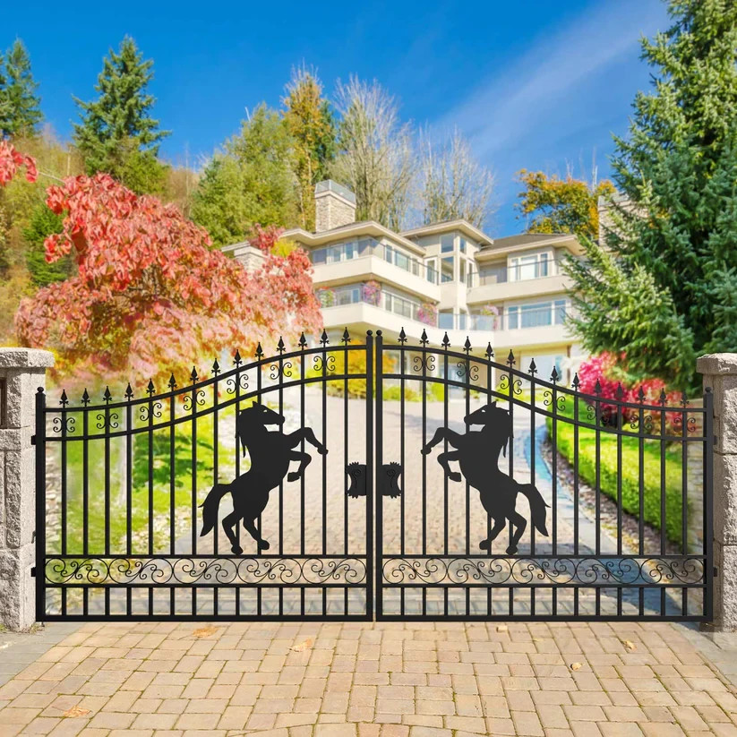 18X8FT Dual Swing Iron Gate with post for Driveway Anti-Rust Outdoor Gate