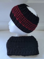 New Set of 2 Headbands - Black Burgundy Striped - Acrylic - Handmade Hand Knit