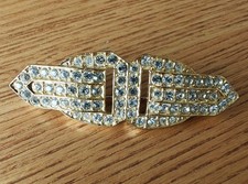 Vintage Sphinx Art Deco Style Buckle Brooch. Gold Tone, Clear Crystals.