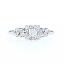 White Gold Diamond Vintage Engagement Ring - 14k Round Brilliant .14ctw