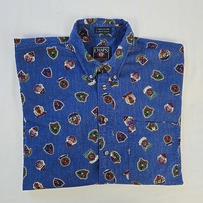 VTG 90s Ralph Lauren Chaps AOP Logo Crest Long Sleeve Button Shirt Men's XL Blue
