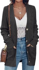 Women's Fall Cable Knit Cardigan Chunky Sweater Button Up Long Sleeve Coat