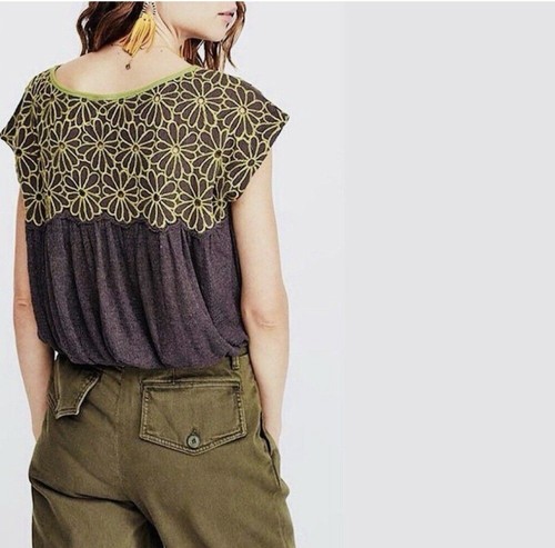 Free People Georgia Bubble Short Sleeve Flower Floral Embroidered Sz Large - Picture 2 of 9