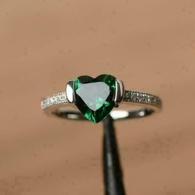2.20 Ct Heart Cut Simulated Green Emerald Engagement Ring 14k White Gold Finish.