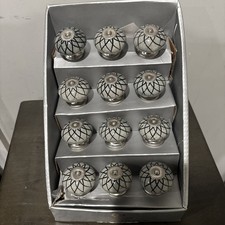 Casa Decor Ceramic Drawer Pull Knobs Blue White Silver Set Of 12 Handmade India