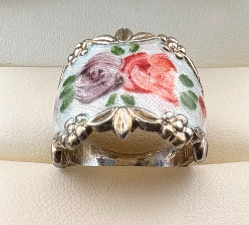 Vintage Vargas Sterling Vermeil Guilloché Enamel Floral Cigar Band Ring - SZ 6