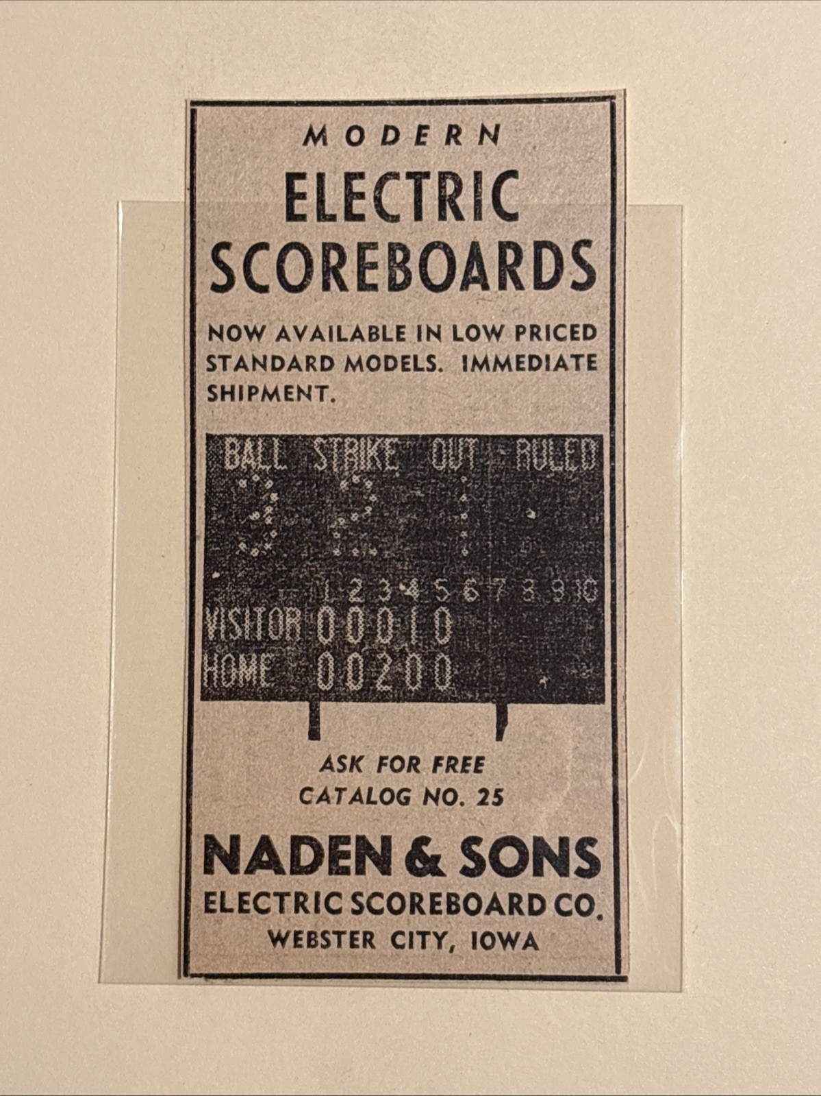 Naden & Sons Electronic Scoreboards Webster City 1953 Sporting News Baseball Ad