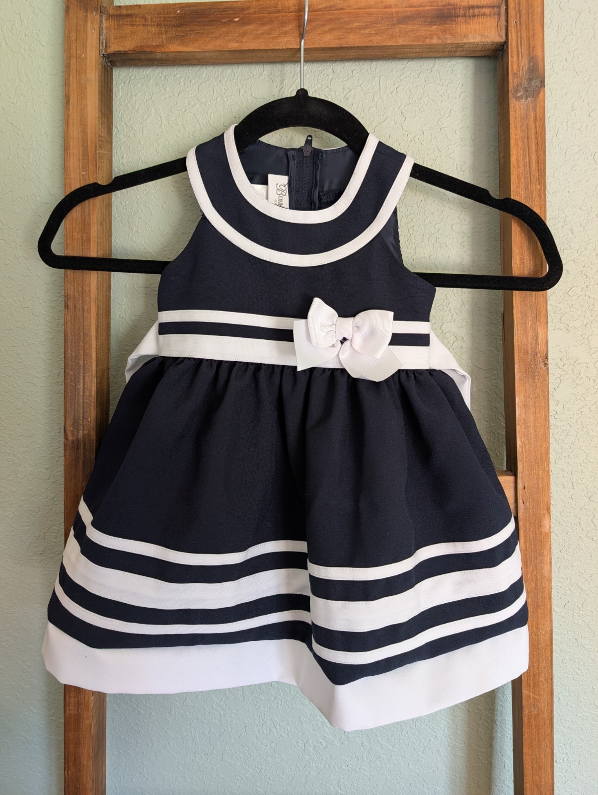 Bonnie Jean Sailor Dress Girls Size 2T Blue Nautical Sleeveless White Trim Bow