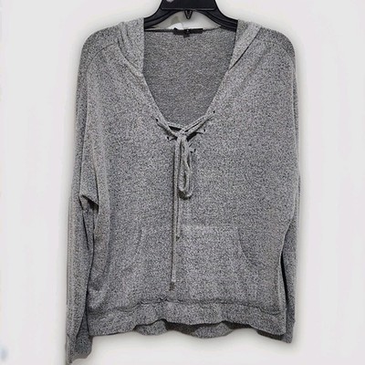 Lulus Women's S Slow Motion Grey Lace-up Neck Hoodie Oversized Cozy Sweater 