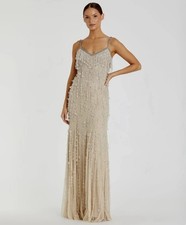 Mac Duggal Beige V-Neck Column Gown with Fringe Embellishments 6