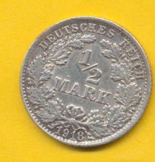 Deutsches Reich 1/2 Mark 1918 F Prägefehler: oben offene 8 Silber 2 5 g fein