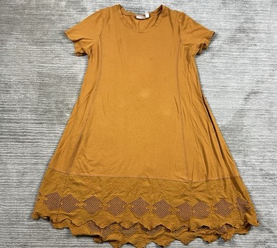 Logo Lavish Dress Womens Large Burnt Yellow Crochet Knee Length Pockets
