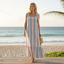 Ophelia & Indigo Maisy Striped Maxi Dress XS Coastal Sundress Resort Beachy 