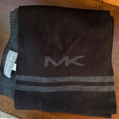 Michael Kors Mens Black Gray MK Logo Knit Winter Scarf Striped Acrylic