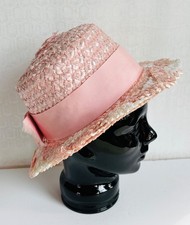 VTG 60'S PINK WHITE STRAW RAFFIA SHORT BRIM BRETON SKIMMER HAT GROSGRAIN RIBBON