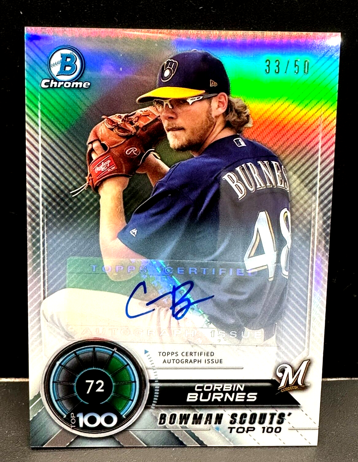 Corbin Burnes 2018 Bowman Chrome Auto Scouts' Top 100 Refractor RC #BTP-72  /50