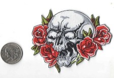 SMILING SKULL WITH ROSES IRON-ON / SEW-ON EMBROIDERED PATCH 3 5/8"X 2 7/8"