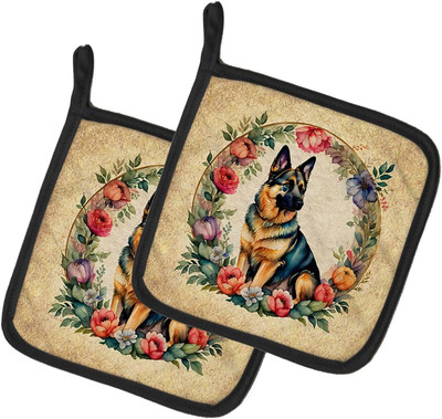 German Shepherd and Flowers Pair of Pot Holders