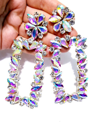 CLIP ON Earrings Rhinestone Crystal Large AB Iridescent Drop Chandelier  inch