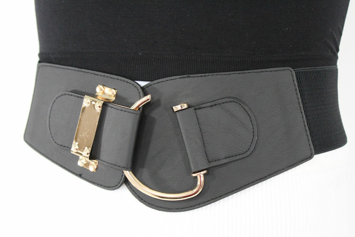 Women Wide Black Stretch Faux Leather Fashion Belt Waist Hip 