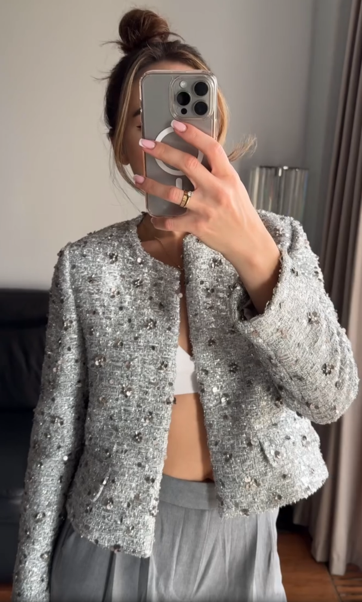 SINCE THEN ♥ Glitter Tweed Two Piece /追跡付 Zara ZW Collection Sequin Tweed Jacket Silver Metallic XS