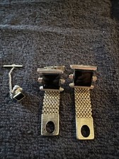 Vintage Black Onyx And Silver Cuff Links  Pin Set