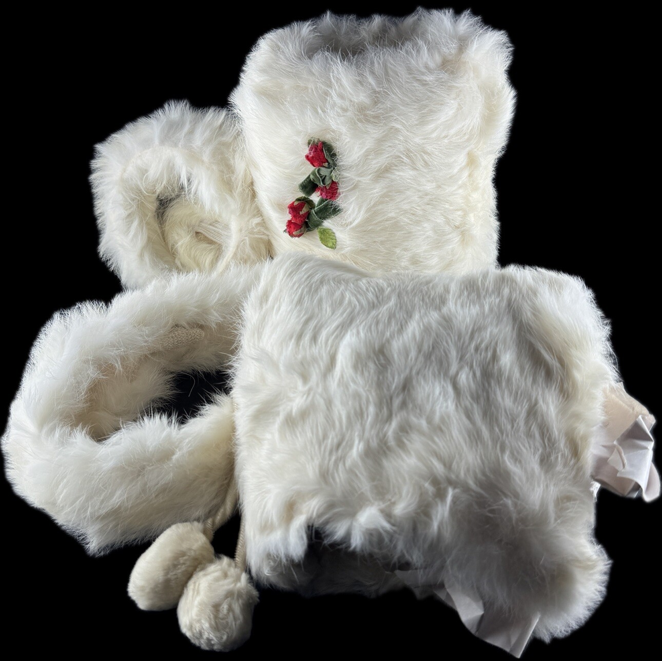 Vintage Hat, Ear Muffs, Hand warmer And Headband Cream Color With Rose