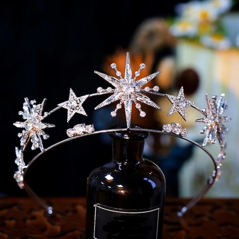 Unique Vintage Silver Star Rhinestone Tiara floral Vintage Silver Tiara-star and Flower Rhinestone Accents  main image 4