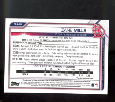 2021 Bowman Chrome 1st Bowman ZANE MILLS Auto #CDA-ZM | eBay
