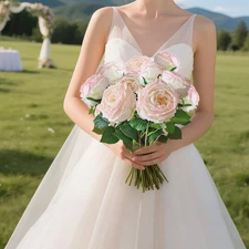 4Pc Flowers Faux Stems Light Pink Roses Fake Big Bloom Real Touch Peony Wedding