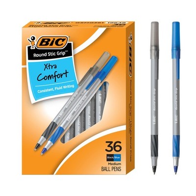 BIC Round Stic Grip Xtra Comfort 36 Count (Pack of 1), Black and Blue 