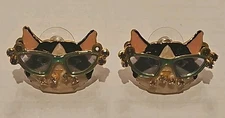 RARE! Vtg LUNCH AT THE RITZ Black Cat Enamel Crystal Pierced Earrings  #236