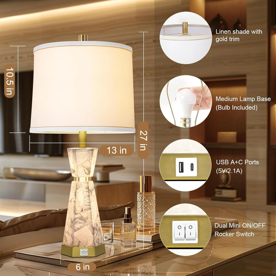 Natural Alabaster Table Lamp Living Room Lamps Set of 2 Nightstand Lamp with Nig - Image 2 of 4