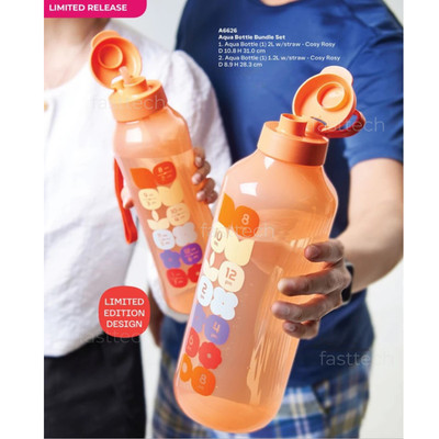 Tupperware Limited Edition Orange Aqua Flasche 1,2L & 2L mit Flexi-Strohhalm Set