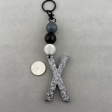 X Letter Initial Black Silver Glitter Resin 5" Long Keychain Purse Charm 62770