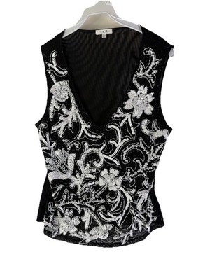 Vintage 90s Cache Sheer Mesh Floral Embellished Top Shirt Whimsigoth Large