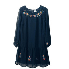 Japna Black Long Sleeve Embroidered Print Dress Sz XS