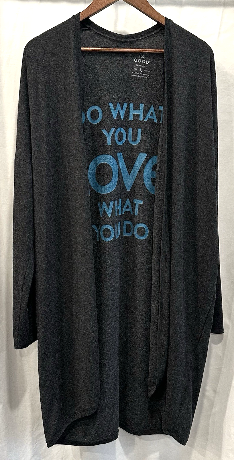 Life is Good Women's Large LIG Wordmark Extra Long Gray Cardigan Open Front